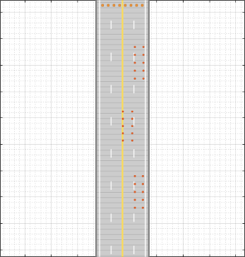 Divided highway scene with traffic cones for completing a double lane change maneuver