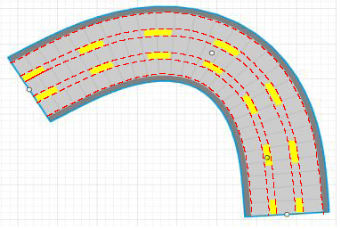 Three-lane road with six lane boundaries labeled