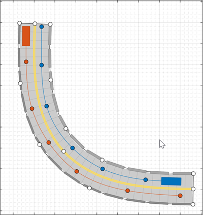 An orange car added to the opposite lane and opposite end of the road