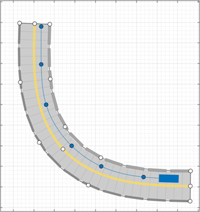 A blue car with a trajectory that extends to the end of the lane. A triangle on the car points in the direction of the trajectory.