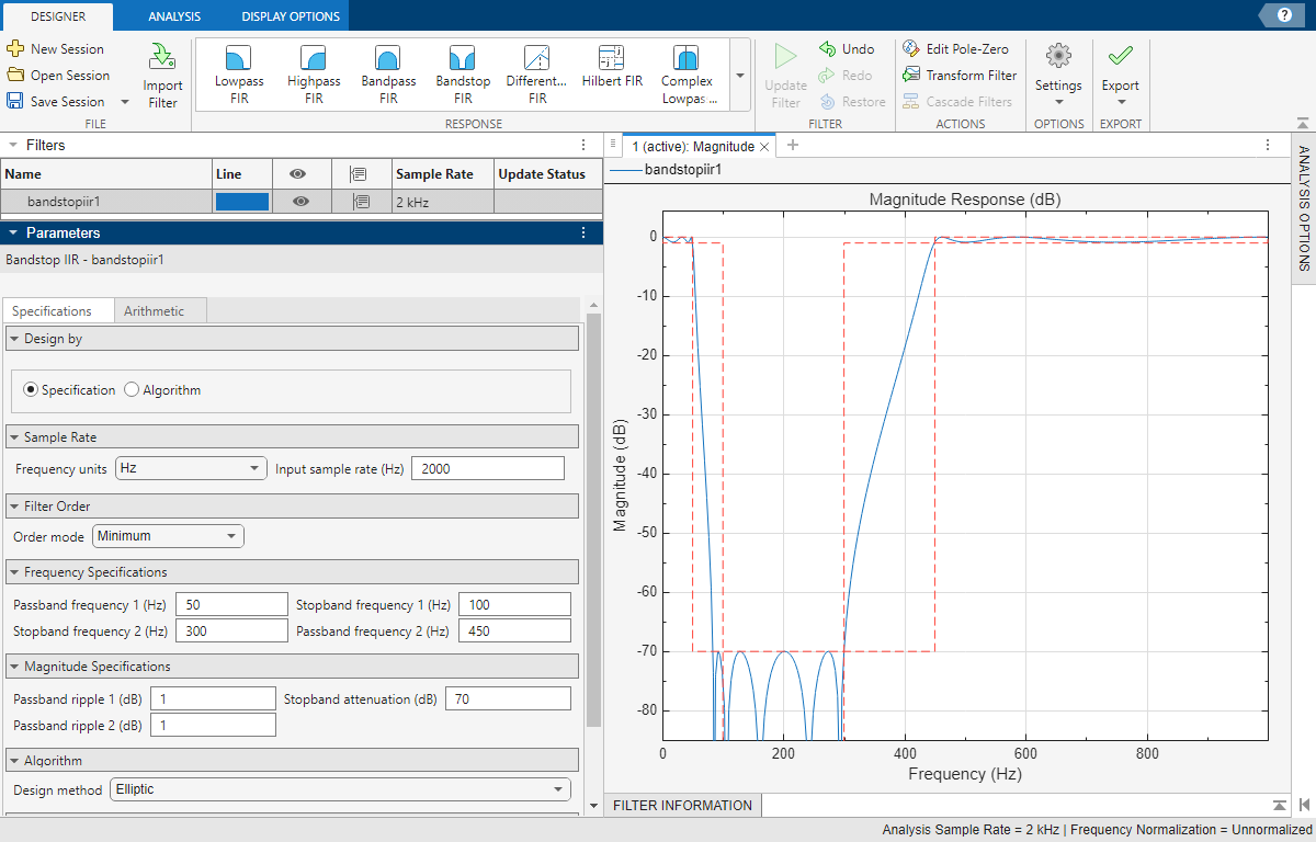 Bandstop IIR filter design using Filter Designer app