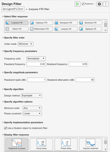 Design Filter Live Editor task showing the lowpass FIR filter response