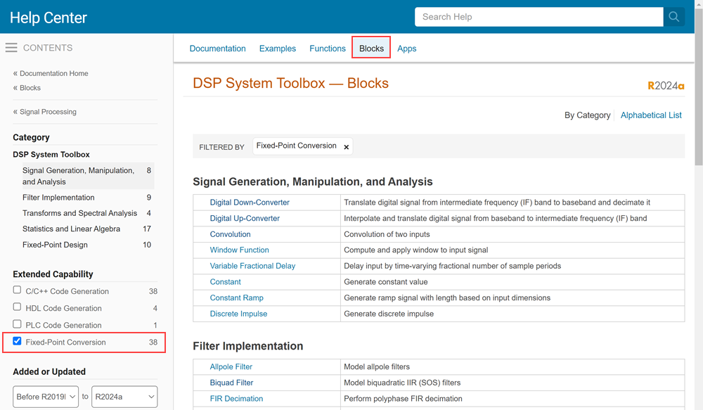 In the image below, there is a blue bar at the top written 'Documentation'. Right below that, on left, there is a contents pane. In the middle of the page, right under the blue bar, there are options that are clickable: 'All', 'Examples', 'Functions', 'Blocks', 'Apps'. In the contents pane, there are products listed. You can choose any product. However, the first product DSP System Toolbox is selected and you can see its categories listed. Below these products, there is list of extended capabilities available. The last capability is Fixed-Point Conversion with a check box in front of it. Select this check box. In the clickable options at the top, select 'Blocks'. A list of blocks appears which supports fixed-point design. You can see a small triangle next to a block name if there are any fixed-point notes and limitations listed in the respective reference page under Extended Capabilities > Fixed-Point Conversion section.