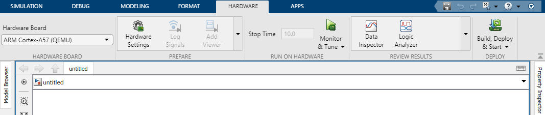 After clicking the Run on Hardware Board app, the Hardware tab appears in the Simulink editor.
