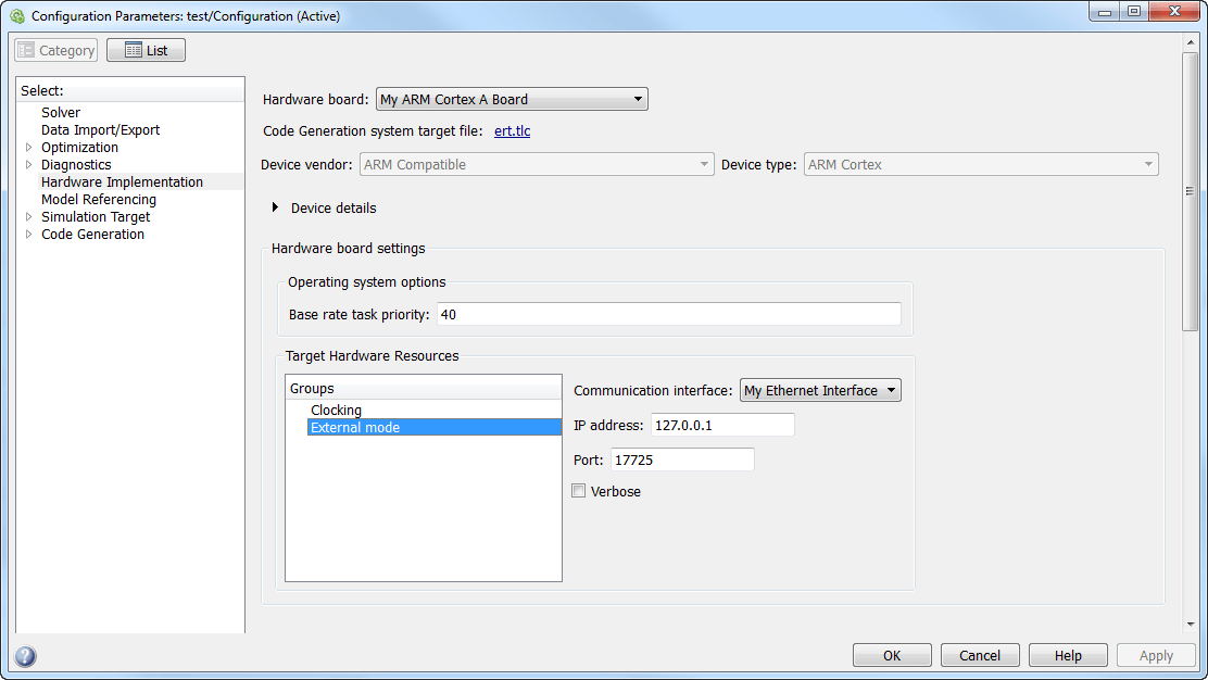 The External mode options for your Target Hardware Resources include detailed hardware properties.