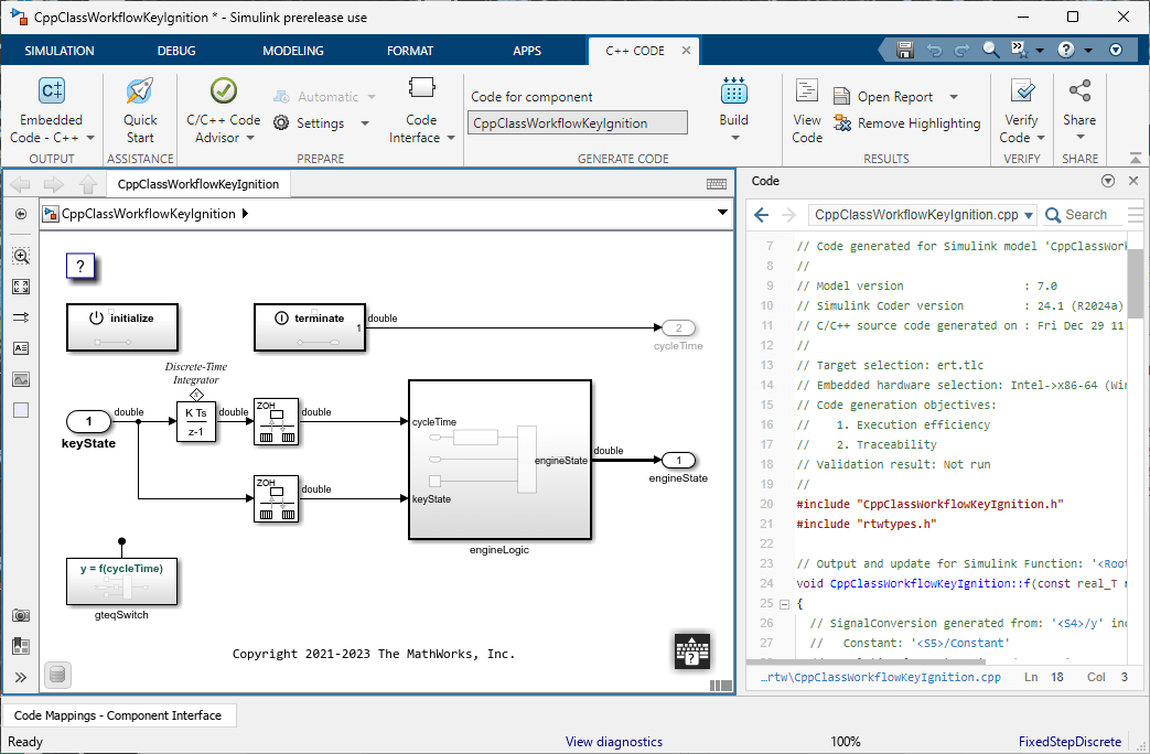 View of the CppClassWorkflowKeyIgnition model in Simulink. The toolstrip is at the top. The Simulink model is in the middle. The Code view pane is on the right.