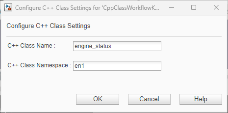 Set the model class name and namespace for the Configure C++ Class Settings window for CppClassWorkflowKeyIgnition