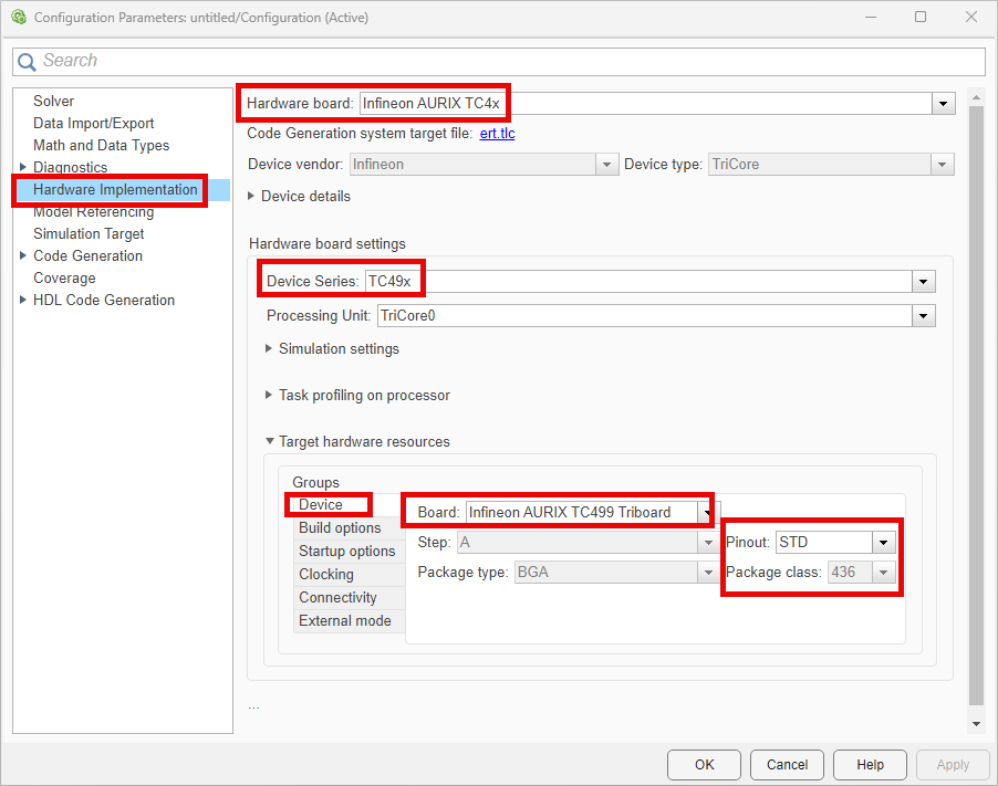 Configure pinout and package class parameters