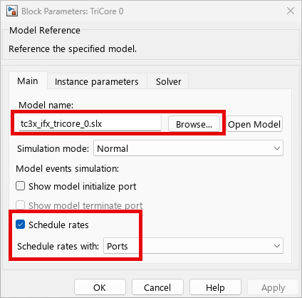 Model block settings in reference model