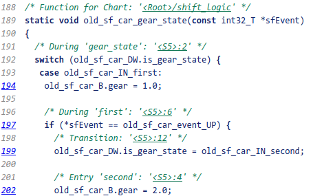 Generated function for a Stateflow chart with hyperlinks in the comments for the gear states.