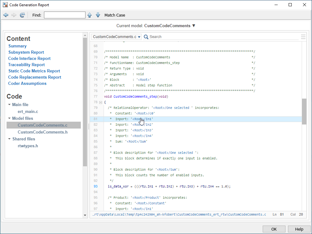 Code generation report window containing model.c file is open. Mouse cursor is placed on a comment that contains a hyperlink to the corresponding block in the model.