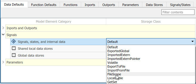 Code Mappings editor with Data Defaults tab selected, Signals tree node expanded, and storage class for Signals, states, and internal data set to FileScope.