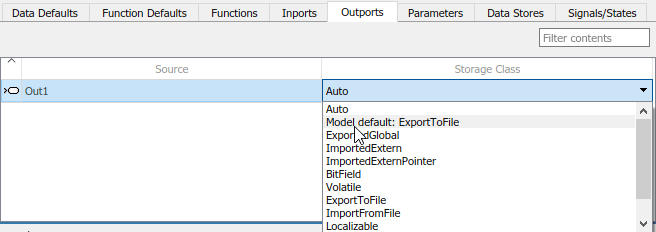 Code Mappings editor with Outports tab selected, outport Out1 selected, and storage class being set to Model default: ExportToFile.