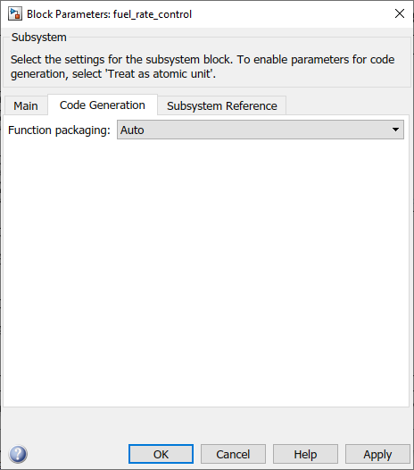 Code Generation tab of subsystem parameters displays the Function packaging parameter.