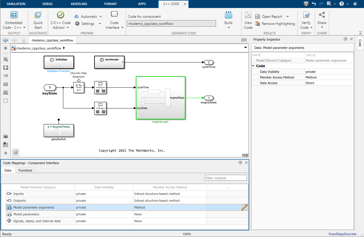 View of the CppClassWorkflowKeyIgnition model in Simulink. The toolstrip is at the top. The Simulink model is in the middle. The Code Mappings - C++ Class pane is at the bottom. The Data tab in the Code Mappings pane is selected. The Property Inspector pane is on the right.