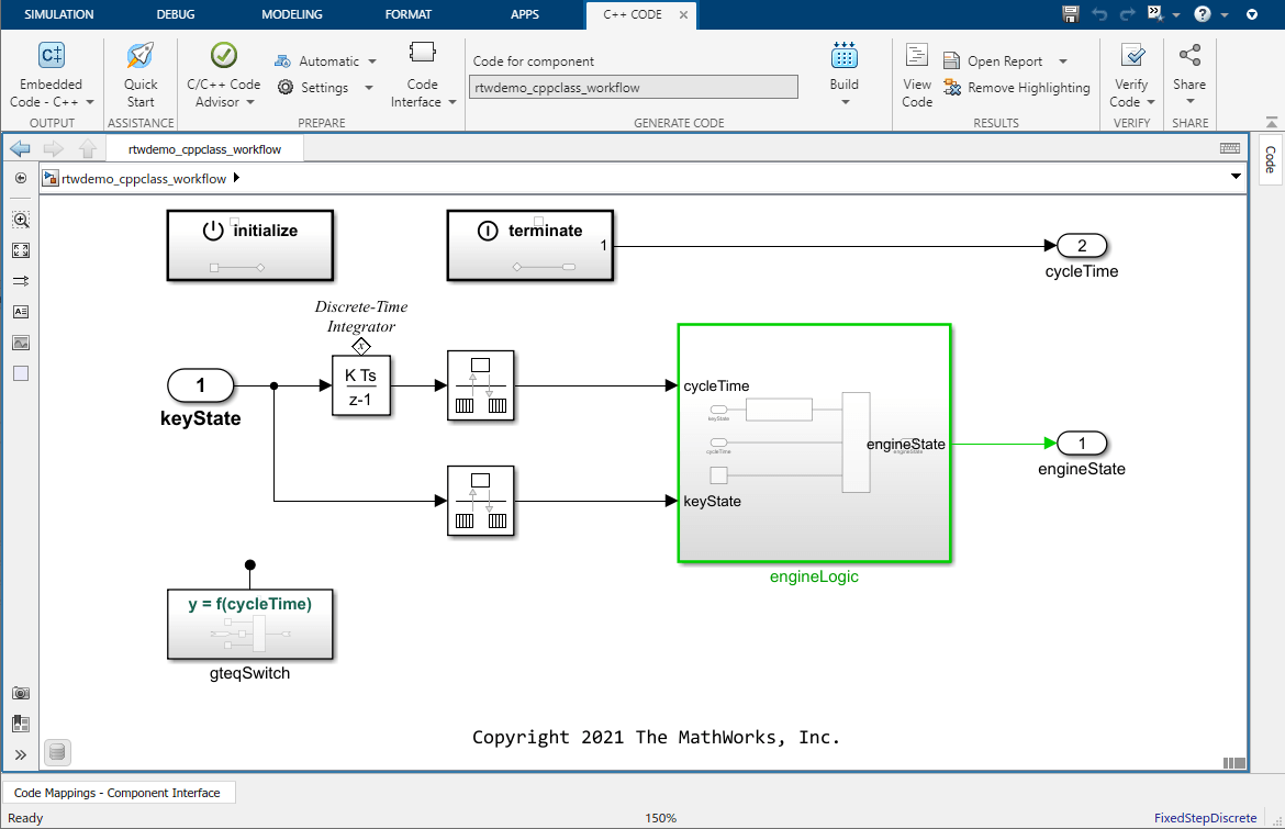 View of the CppClassWorkflowKeyIgnition model in Simulink. The toolstrip is at the top. The Simulink model is at the bottom.