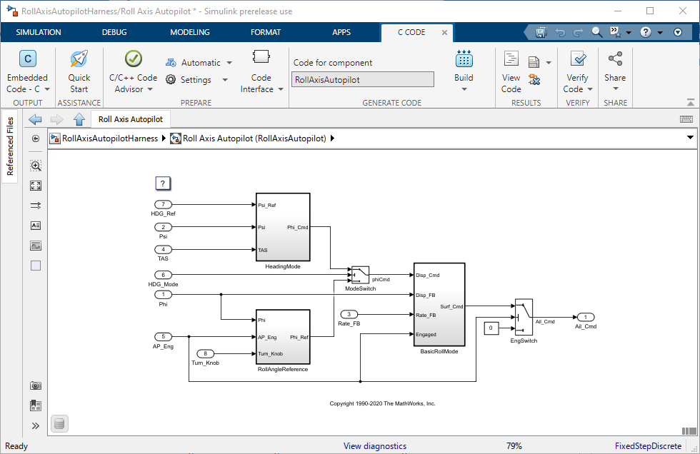 Model RollAxisAutopilot configured for embedded C code. The C Code tab shows code generation options.