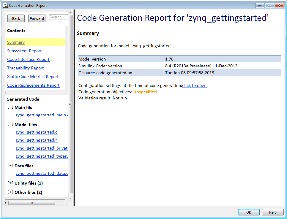 The software displays a code Generation Report for the model.