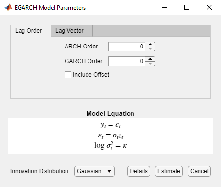 Screen shot of EGARCH Model Parameters dialog box with Lag Order tab selected.