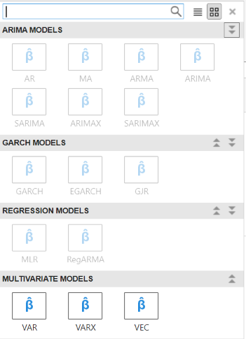 Screen shot of Models gallery with Multivariate Models. Below each section there are several icons representing specific model types.