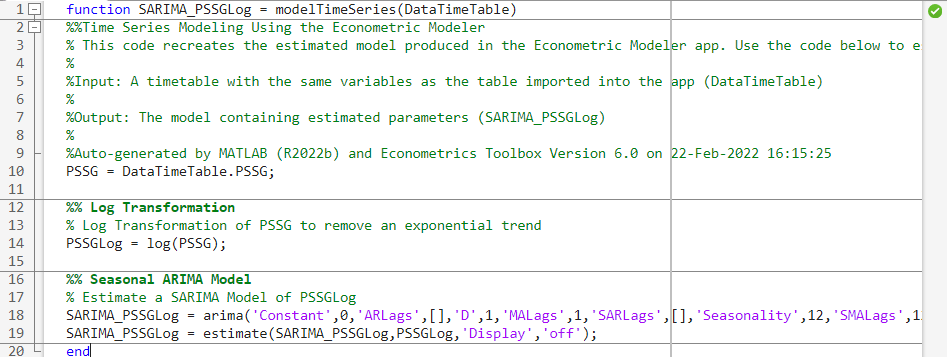 A screen shot of the code for modelTimeSeries using the estimated model SARIMA_PSSGLog