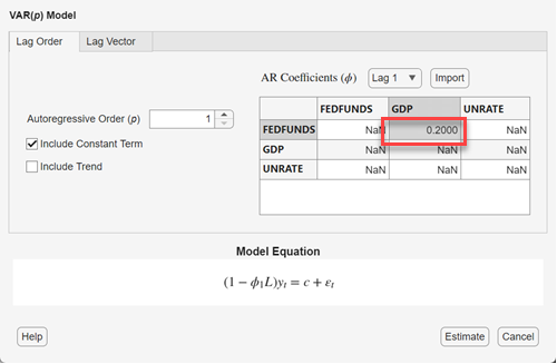 Screen shot of VAR Model Parameters dialog box with Lag Order tab selected 0.2 entered in the first row, second column of the table.