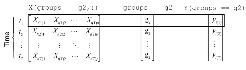 Schematic disgram showing a longitudinal dataset inlong format with group g2 called out. Rows of the predictor matrix X, the group indicator, and the outcome vector Y are selected where group equals g2, with observations indexed by time.