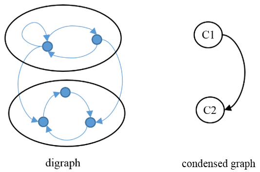 a digraph on the left and condensed graph of C1 and C2 on the right