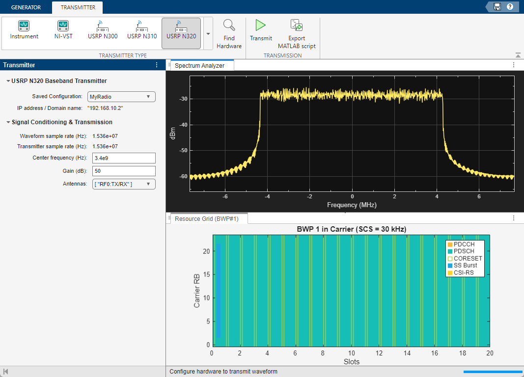 Screenshot of the Wireless Waveform Generator app configured with the specified USRP B/N/X transmitter parameters.