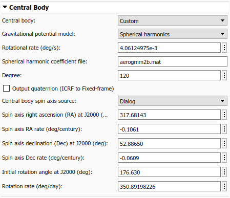Spacecraft Dynamics Central Body tab with custom Central Body and Gravitational potential model set to Spherical harmonics. Central body spin axis source is set to Dialog to enable specifying the spin axis through the block dialog box.