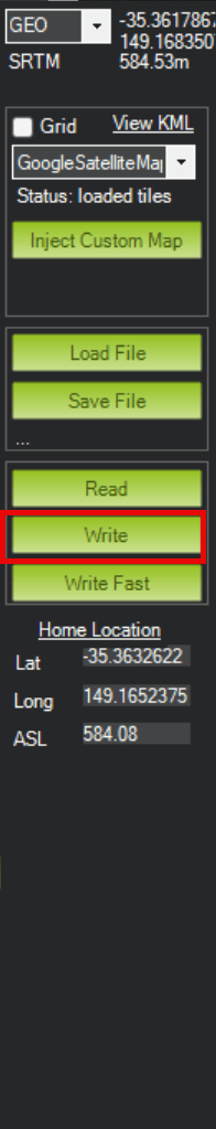 Write button in Flight Planner menu of Mission Planner.