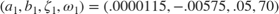 $$ (a_1,b_1,\zeta_1,\omega_1) = (.0000115,-.00575,.05,70) $$