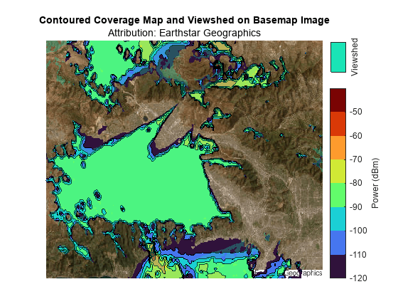 Figure contains an axes object. The axes object with title Contoured Coverage Map and Viewshed on Basemap Image contains 2 objects of type image, contour.