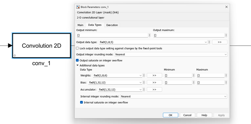 Data Types tab of Block Parameter window for Convolution 2D layer block