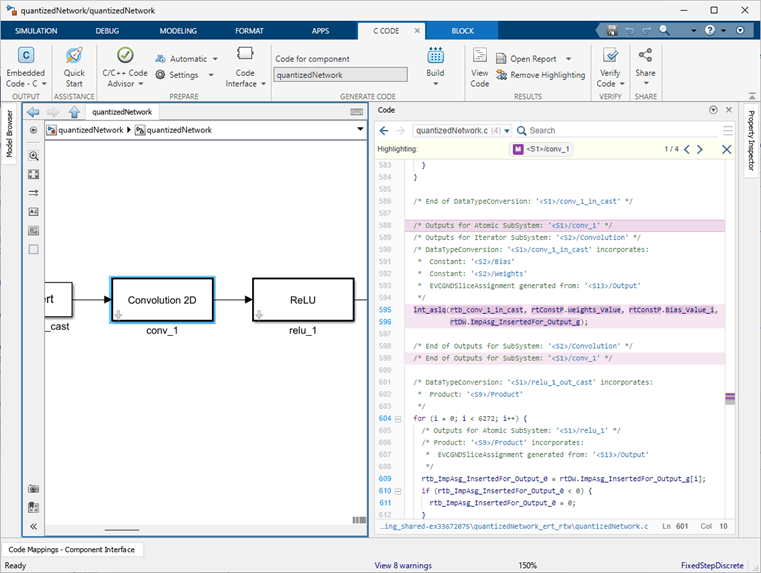 Simulink window with network block diagram on left and generated code on right. The Convolution 2D block is selected on left and the associated code is highlighted on right.