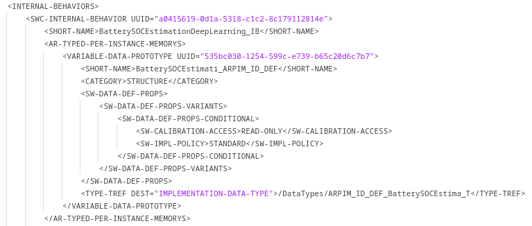 ARXML internal behavior description. The ArTypedPerInstanceMemory section shows a variable data prototype and an implementation data type reference.