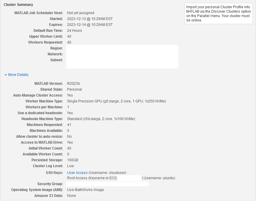 Summary of a personal cluster in Cloud Center