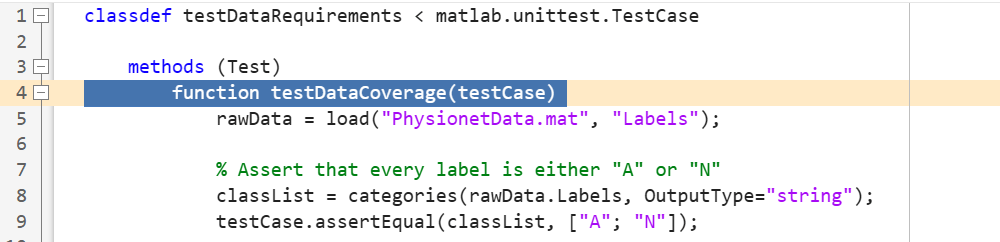 MATLAB test defining testDataCoverage, which checks that the label data contains "A" and "N".