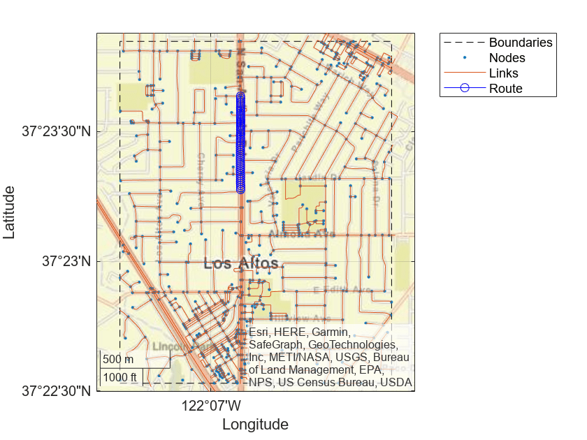 Figure contains an axes object with type geoaxes. The geoaxes object contains 4 objects of type line. One or more of the lines displays its values using only markers These objects represent Boundaries, Nodes, Links, Route.