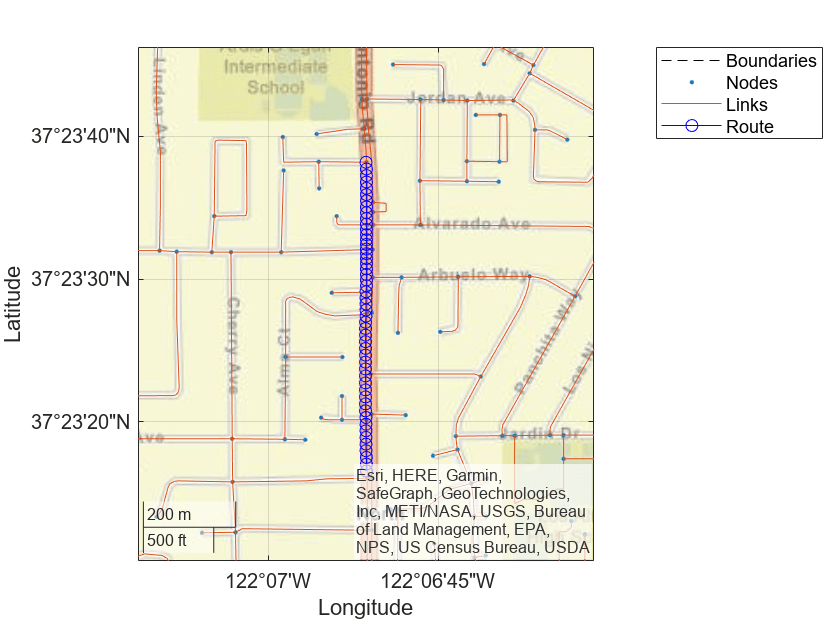 Figure contains an axes object with type geoaxes. The geoaxes object contains 4 objects of type line. One or more of the lines displays its values using only markers These objects represent Boundaries, Nodes, Links, Route.