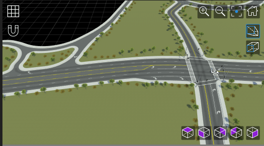Sedan resumes motion after the traffic signal turns green as seen from an overhead view.