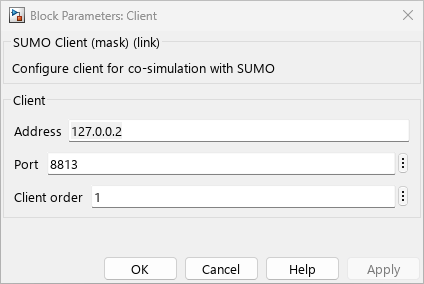 Block Parameters dialog box of the Client block