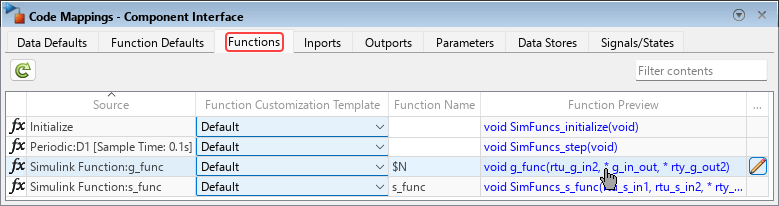 Code Mappings editor open with the Functions tab selected. In the Source column, the entry Simulink Function:g_func is highlighted, and the mouse cursor is clicking the Function Preview content of the entry.