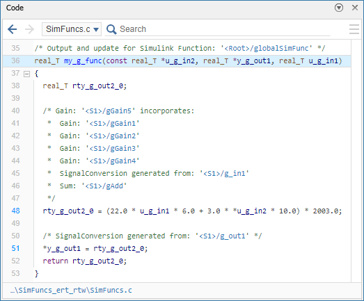 Code pane showing the definition of my_g_func, with the prototype line highlighted. The function prototype is real_T my_g_func(const real_T *u_g_in2, real_T *y_g_out1, real_T u_g_in1), and the function returns rty_g_out2_0.
