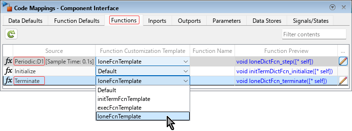 Code Mappings editor with the Functions tab selected. The value loneDictTemplate is selected from the Function Custom Template list for the Terminate and Periodic: D1 functions.