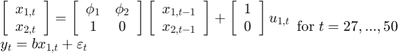 $$\begin{array}{l}&#10;\left[ {\begin{array}{*{20}{c}}&#10;{{x_{1,t}}}\\&#10;{{x_{2,t}}}&#10;\end{array}} \right] = \left[ {\begin{array}{*{20}{c}}&#10;{{\phi _1}}&{{\phi _2}}\\&#10;1&#38;0&#10;\end{array}} \right]\left[ {\begin{array}{*{20}{c}}&#10;{{x_{1,t - 1}}}\\&#10;{{x_{2,t - 1}}}&#10;\end{array}} \right] + \left[ {\begin{array}{*{20}{c}}&#10;1\\&#10;0&#10;\end{array}} \right]{u_{1,t}}\\&#10;{y_t} = b{x_{1,t}} + {\varepsilon _t}&#10;\end{array}{\rm for\;}t = 27,...,50$$