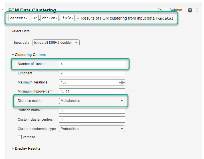 At the top of the task, the output argument names are changed. Under Clustering Options, Number of clusters is set to 4, and the Distance metric value is Mahalanobis.