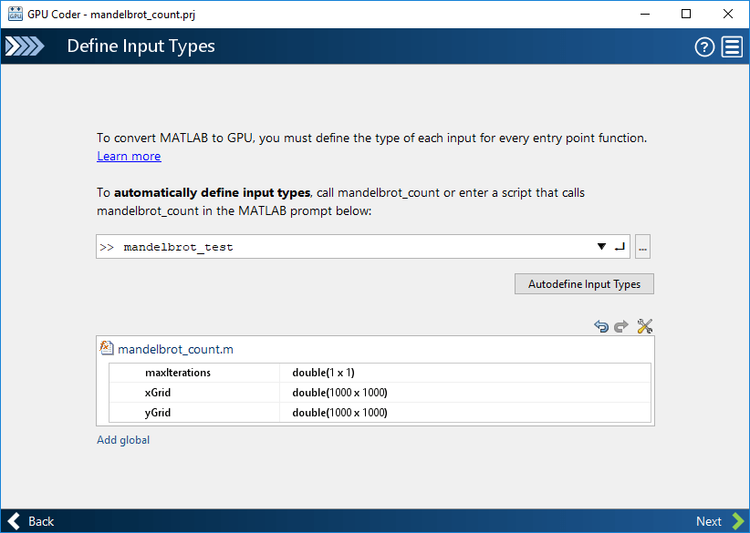 The Define Input Types screen. The app defines the input types based on the mandelbrot_test file.