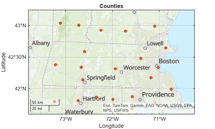 Figure contains an axes object with type geoaxes. The geoaxes object contains an object of type scatter.