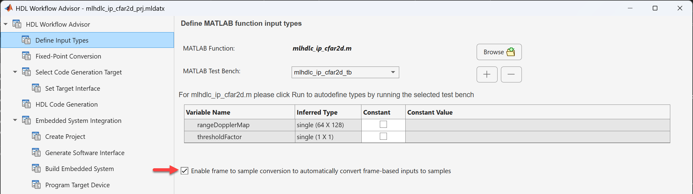 Define Input Types task with frame-to-sample conversion checkbox selected and inferred types for rangeDopplerMap and thresholdFactor